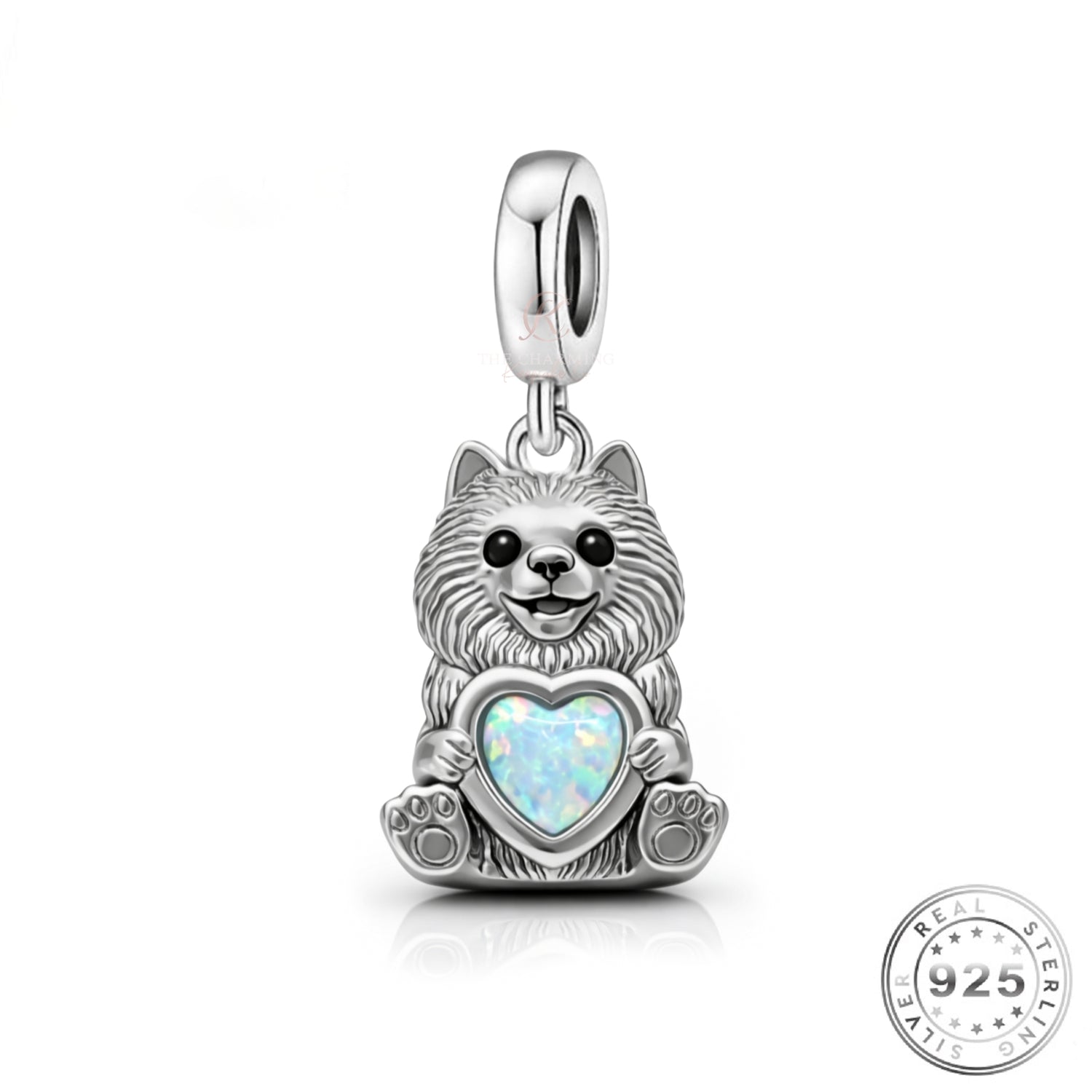 Pomeranian Dog Charm 925 Sterling Silver & Opal Heart fits Pandora