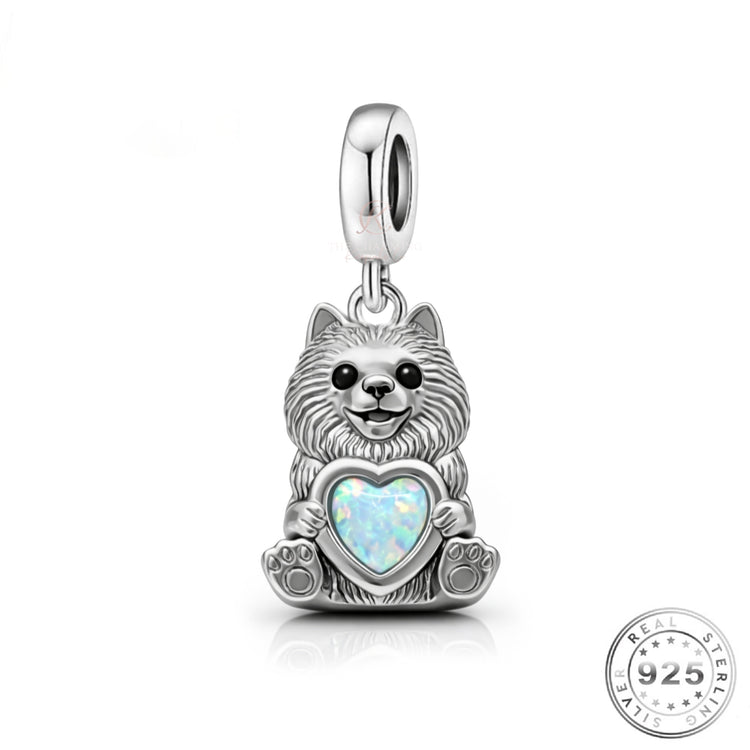 Pomeranian Dog Charm 925 Sterling Silver & Opal Heart fits Pandora