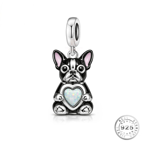 French Bulldog Dog Charm 925 Sterling Silver & Opal Heart fits Pandora