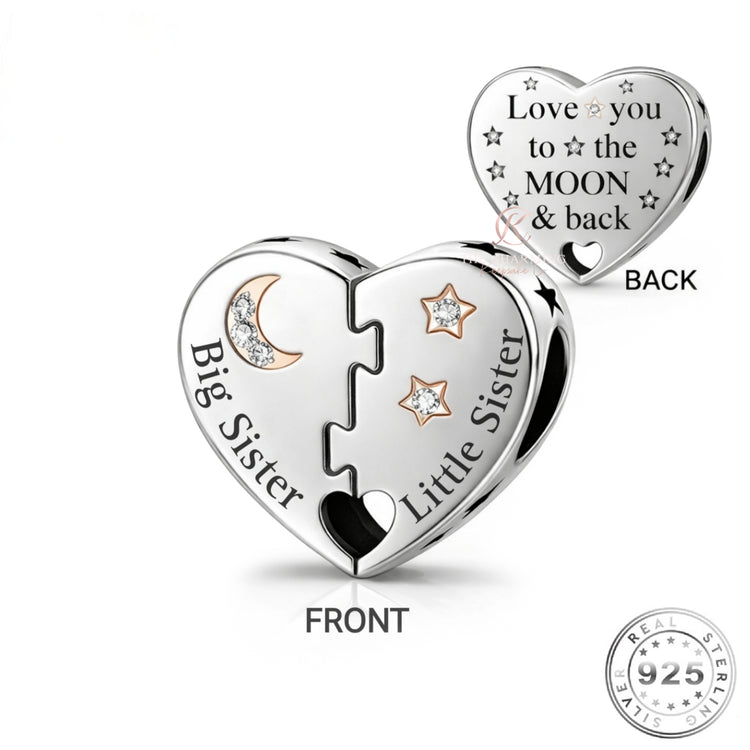 Big Sister & Little Sister Heart Charm 925 Sterling Silver - Love You To The Moon fits PANDORA