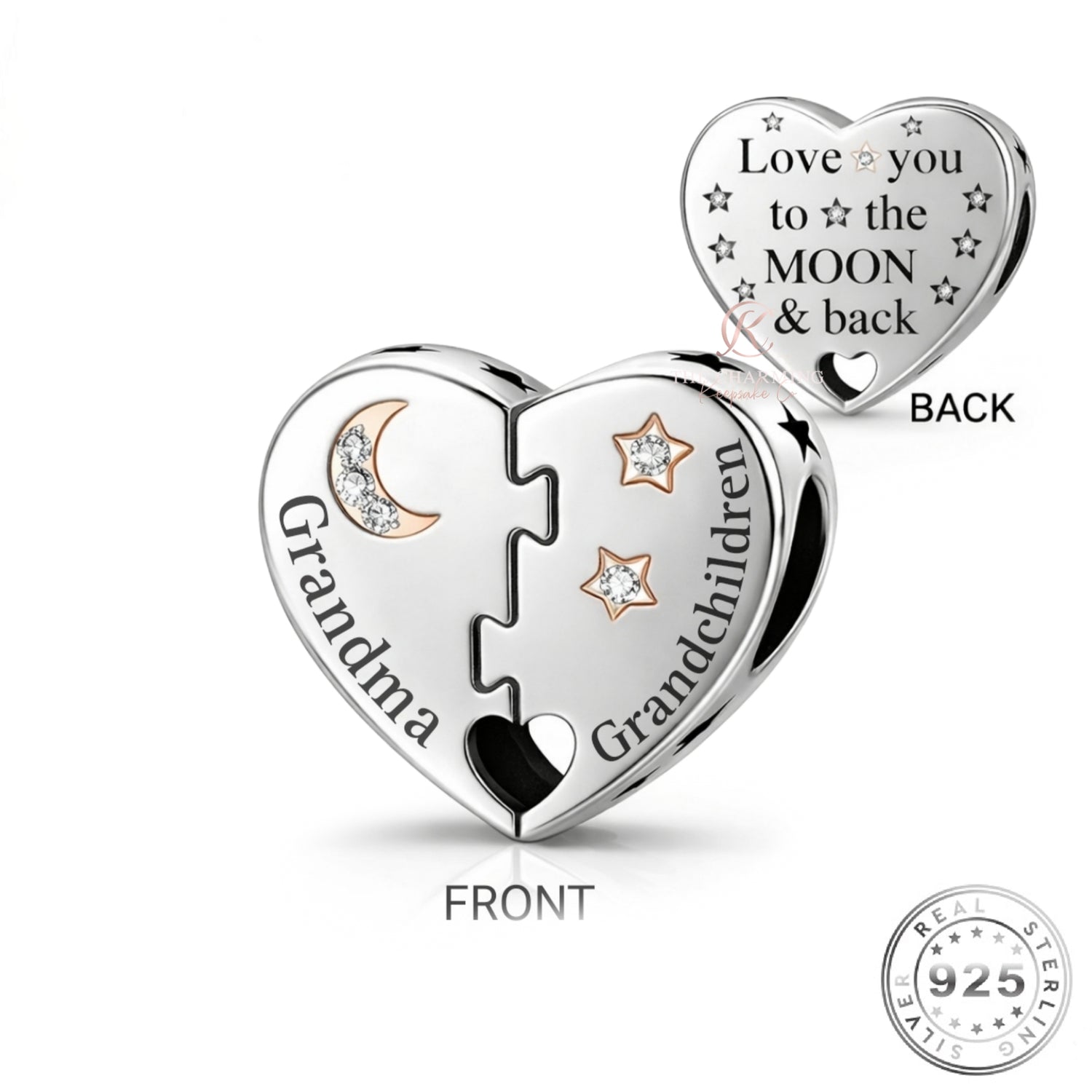 Grandma & Grandchildren Heart Charm 925 Sterling Silver - Love You To The Moon Granddaughter fits Pandora