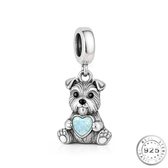 Pandora fitting Schnauzer Dog Charm 925 Sterling Silver & Opal Heart