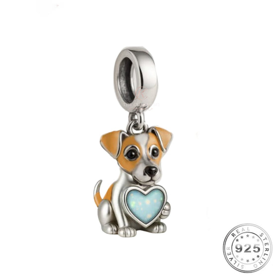 Pandora fitting Jack Russell Terrier Dog Charm Genuine 925 Sterling Silver & Opal Heart