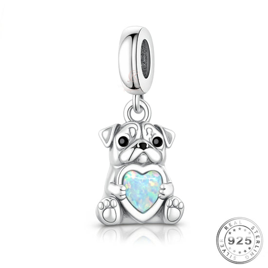 Pandora fitting Pug Dog Charm 925 Sterling Silver & Opal Heart
