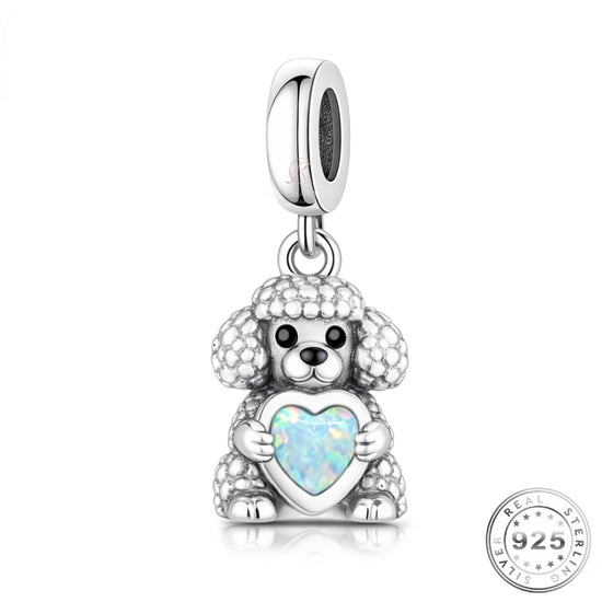 Poodle Dog Charm 925 Sterling Silver & Opal Heart fits Pandora