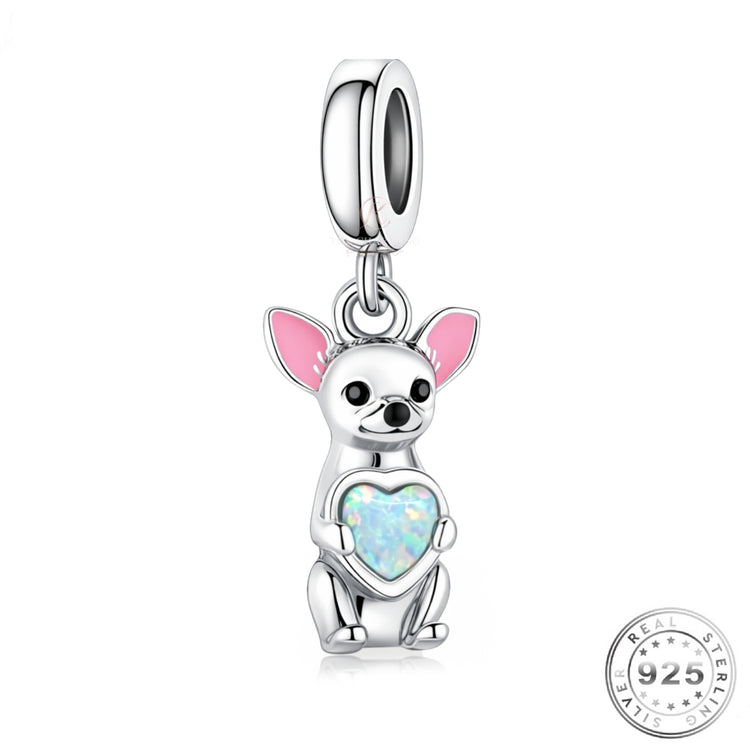 Chihuahua Dog Charm 925 Sterling Silver & Opal Heart fits Pandora
