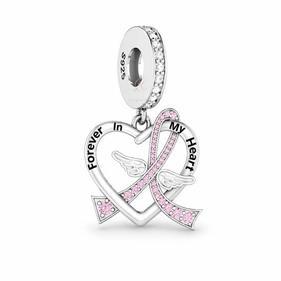 Pandora fitting Breast Pink Cancer Ribbon Angel Wings Charm 925 Sterling Silver