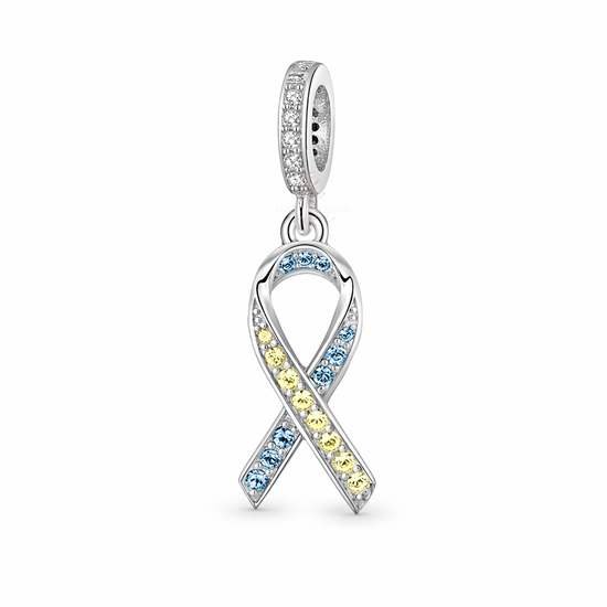 Pandora fitting Down Syndrome Awareness Ribbon Charm 925 Sterling Silver - Blue and Yellow