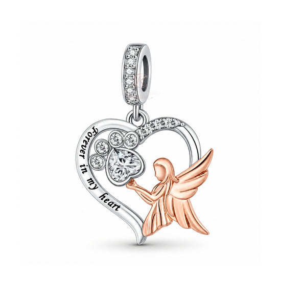 Cat / Dog Paw Guardian Angel Charm 925 Sterling Silver & Rose Gold fits Pandora