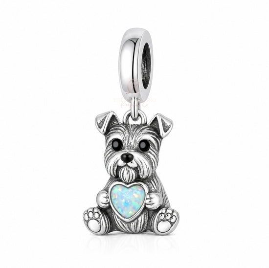 Schnauzer Dog Charm 925 Sterling Silver & Opal Heart fits Pandora