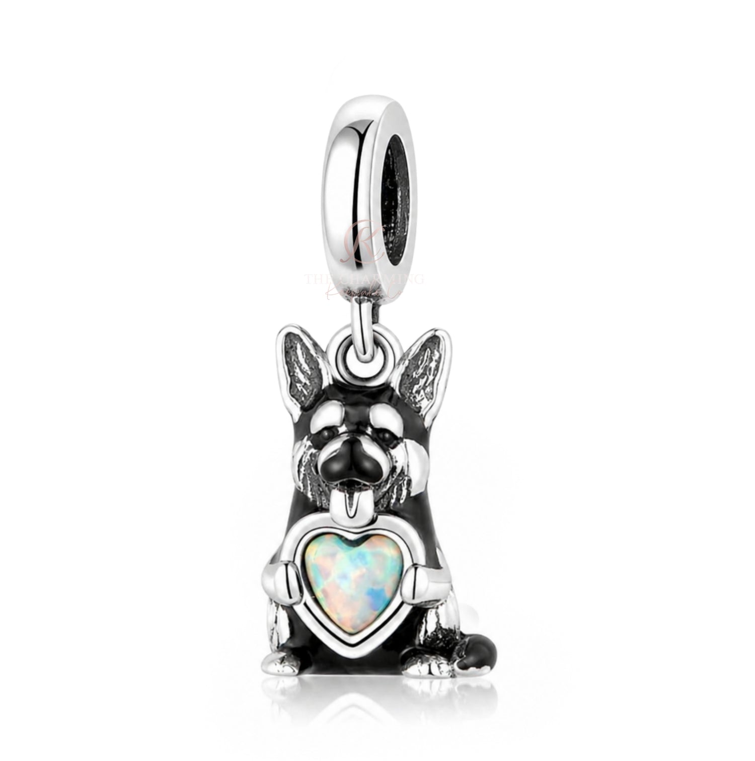 German Shepherd Dog Charm 925 Sterling Silver & Opal Heart Fits Pandora