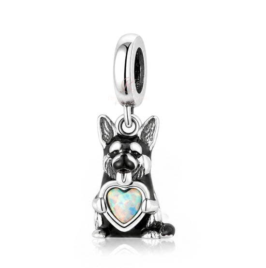 German Shepherd Dog Charm 925 Sterling Silver & Opal Heart Fits Pandora