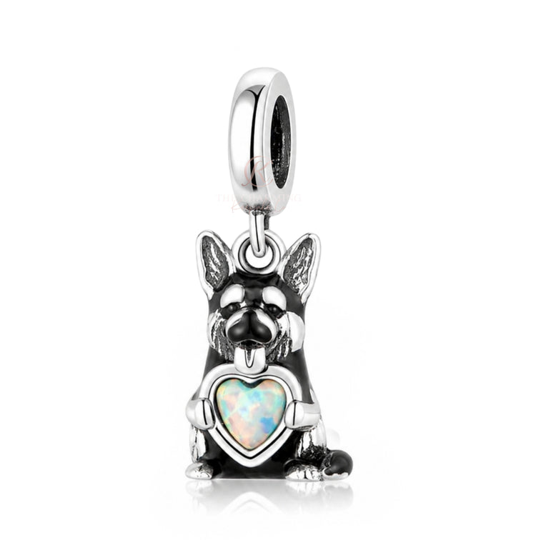 German Shepherd Dog Charm 925 Sterling Silver & Opal Heart Fits Pandora