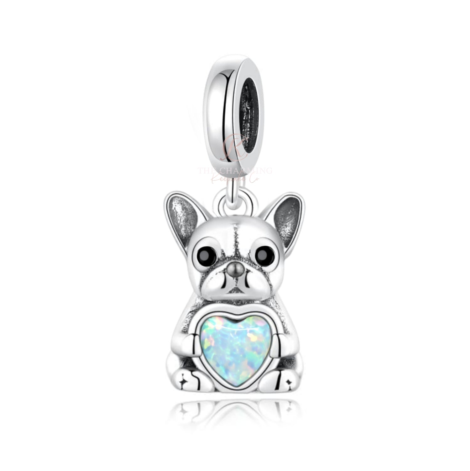 French Bulldog Dog Charm 925 Sterling Silver & Opal Heart fits Pandora