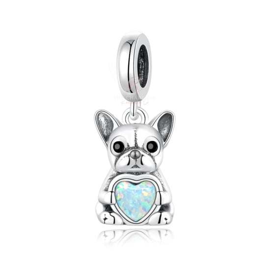 French Bulldog Dog Charm 925 Sterling Silver & Opal Heart fits Pandora