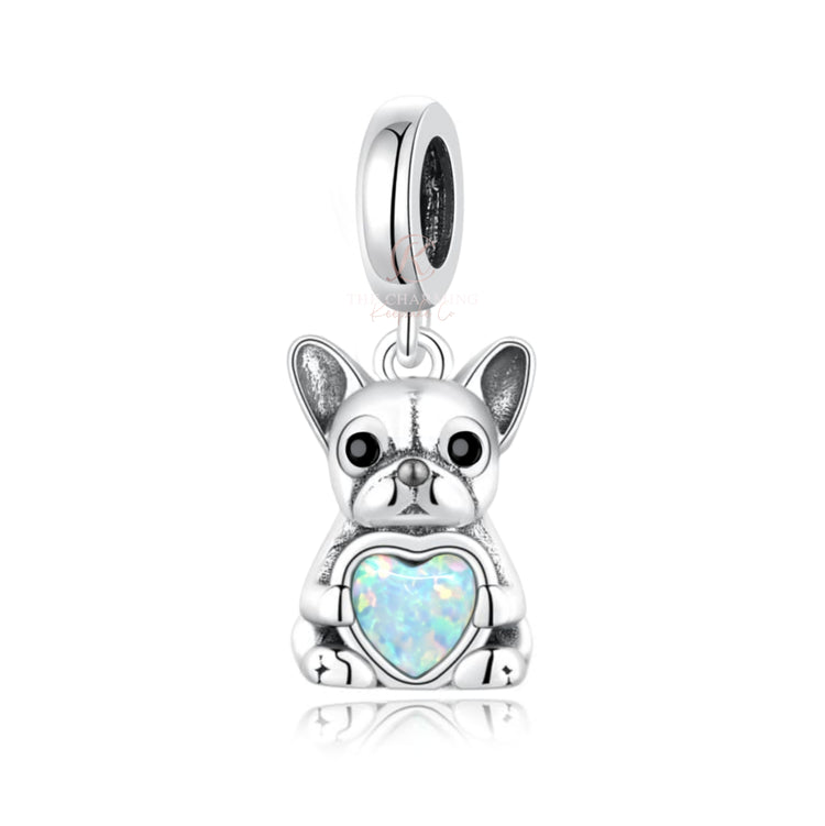 French Bulldog Dog Charm 925 Sterling Silver & Opal Heart fits Pandora