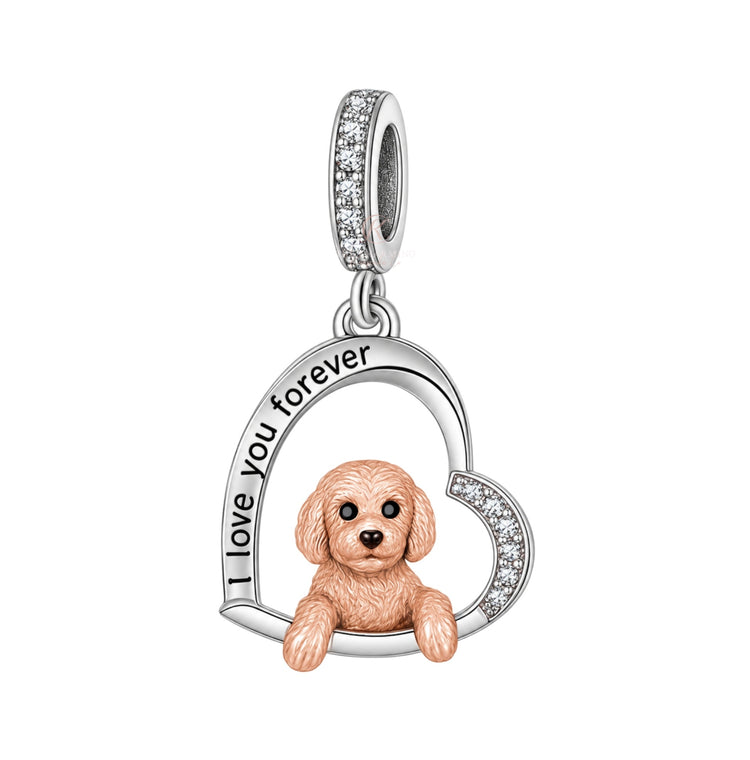 Pandora fitting Labradoodle / Poodle Cross Dog Charm 925 Sterling Silver & Rose Gold