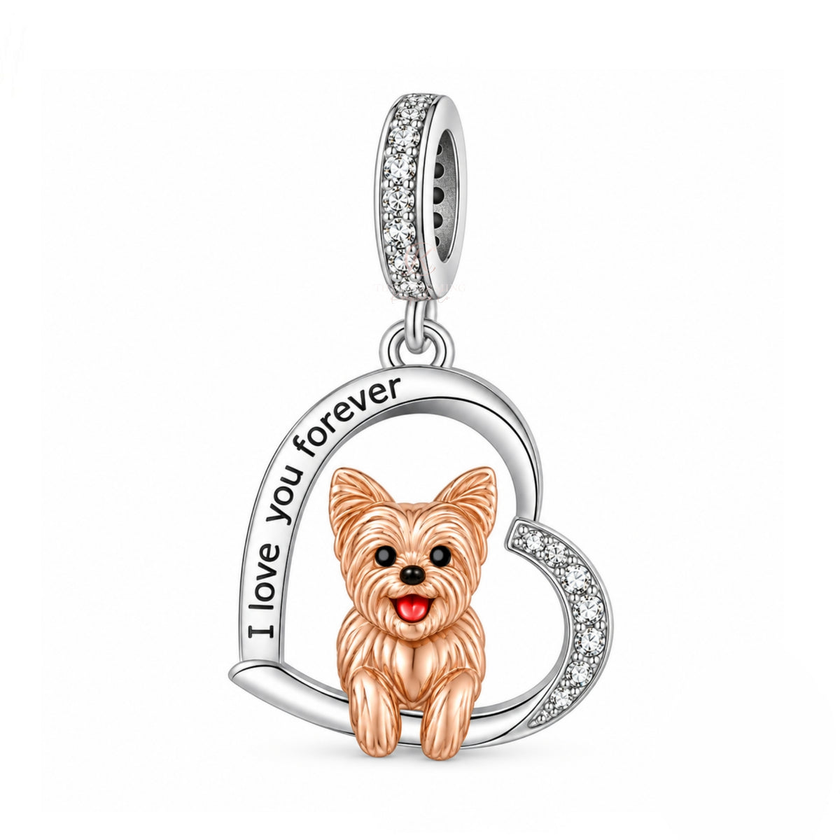 Pandora fitting Yorkshire Terrier Dog I Love You Forever Charm 925 Sterling Silver & Rose Gold
