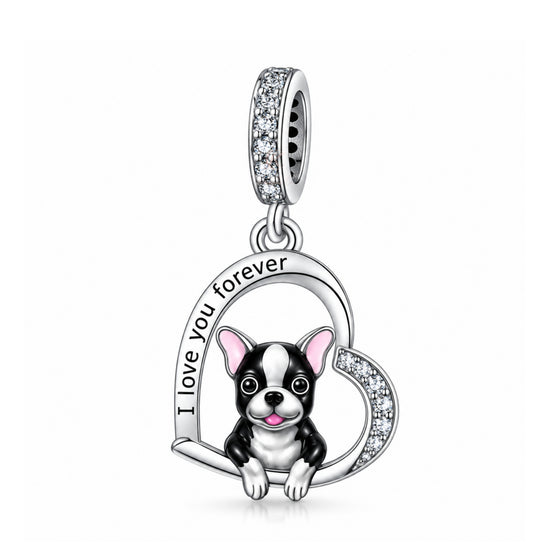 pandora fitting Boston Terrier Dog I Love You Forever Charm 925 Sterling Silver
