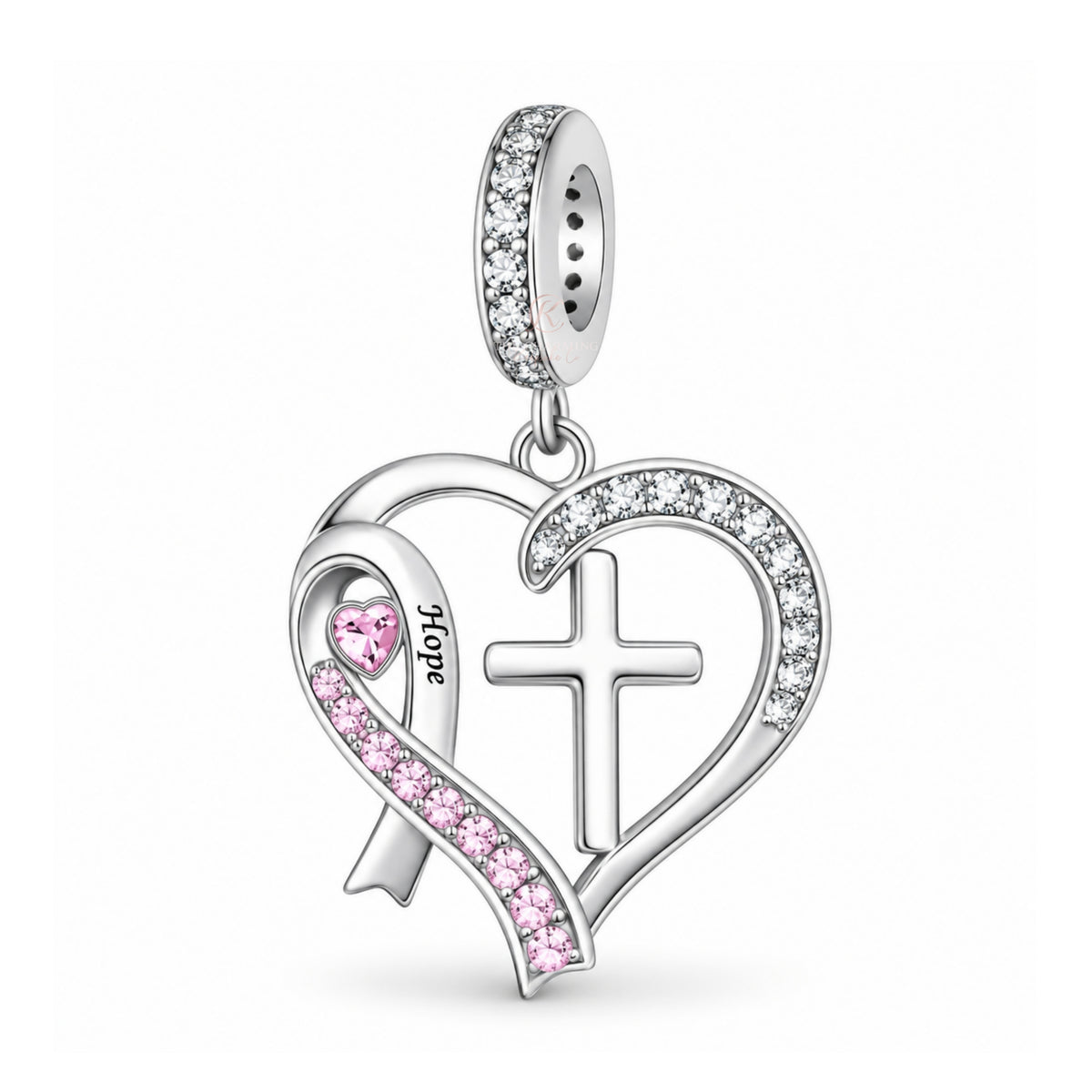 Pandora fitting Breast Pink Cancer Ribbon & Cross Charm 925 Sterling Silver