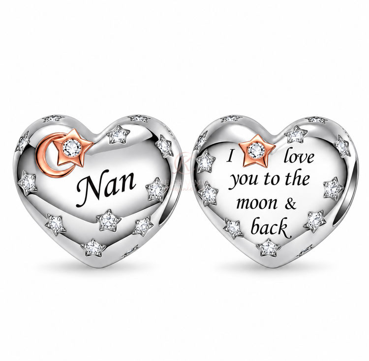 Pandora fitting Nan Heart Charm 925 Sterling Silver - I Love You to the Moon