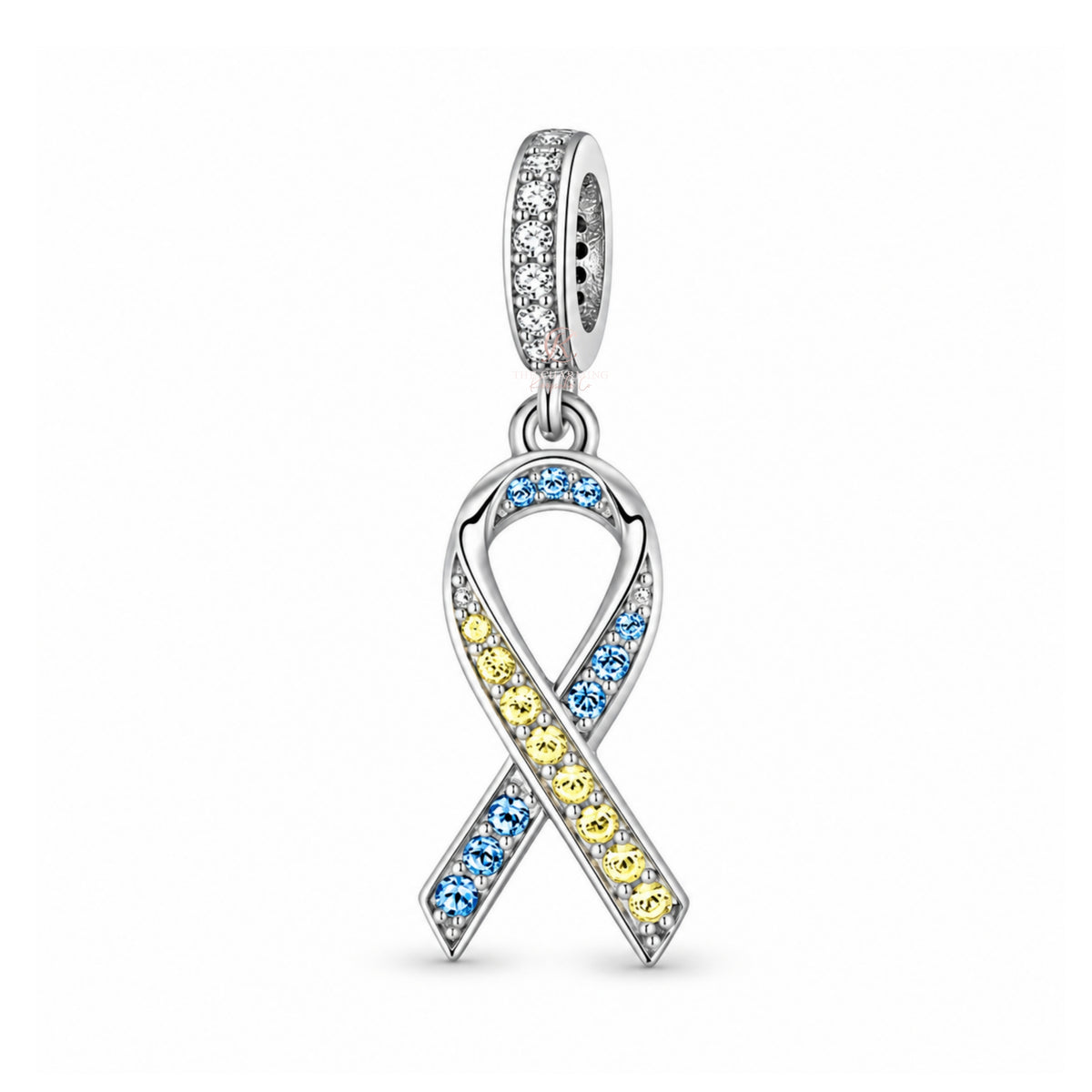 pandora fitting Down Syndrome Awareness Ribbon Charm 925 Sterling Silver - Blue and Yellow