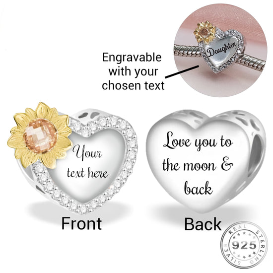 Engraved Sunflower Love You To The Moon Charm 925 Sterling Silver - Personalised