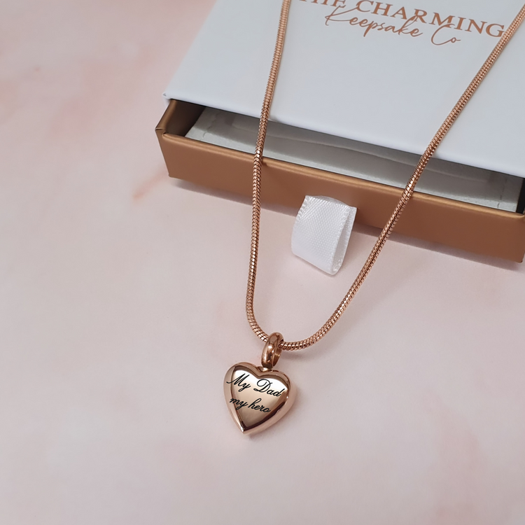 Engraved Self-Fill Ashes Small Heart Urn Necklace Silver or Rose Gold - also fits pandora bracelets 