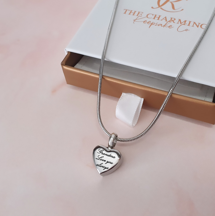 Engraved Self-Fill Ashes Small Heart Urn Necklace Silver or Rose Gold - also fits pandora bracelets 