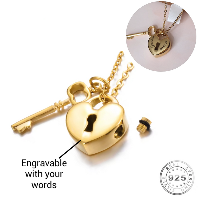 Engraved Gold Ashes Heart Padlock Urn Necklace Self Fill Memorial Keepsake Nana Grandad Dad Mum