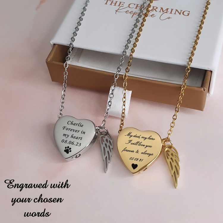 Engraved Silver or Gold Heart & Angel Wings Ashes Urn Necklace self fill