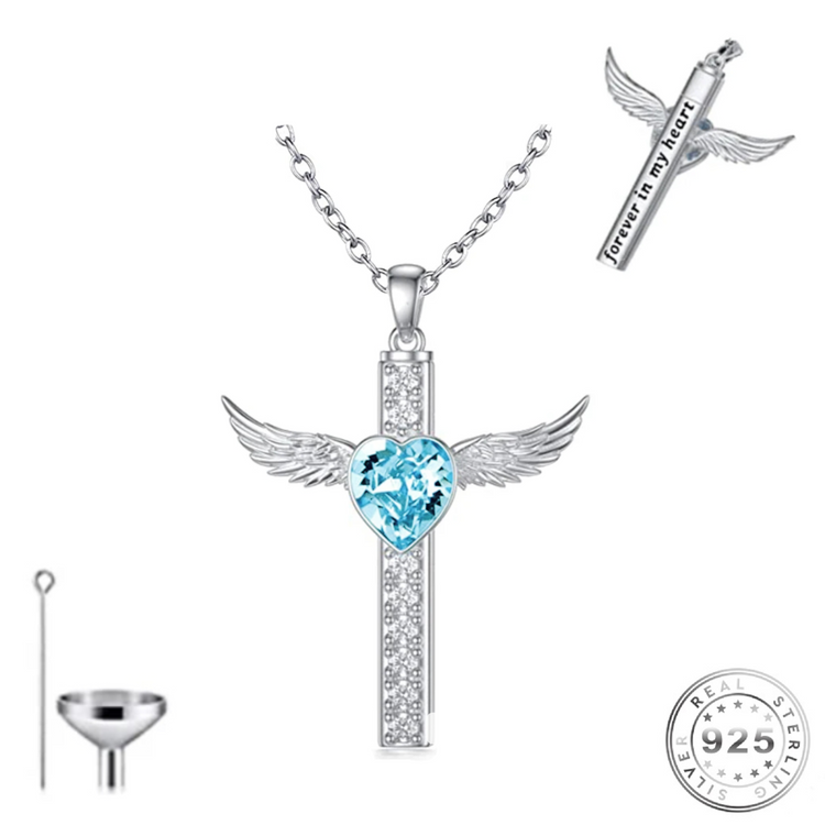Cross and Angel Wings Cremation Ashes Urn Necklace 925 Sterling Silver