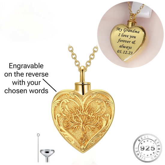 Engraved Heart Cremation Ashes Urn Necklace Gold Plated 925 Sterling Silver self fill personalised