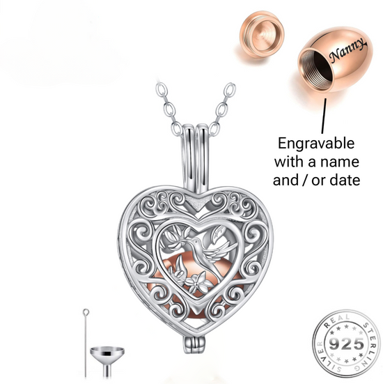 Engraved Hair & Ashes Hummingbird Heart Locket Necklace Urn 925 Sterling Silver & Rose Gold self fill 