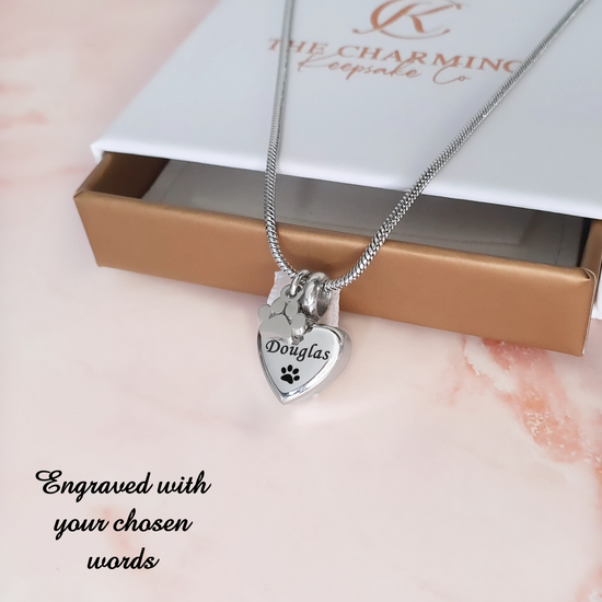 Engraved Silver Small Heart & Pet Paw Pendant Ashes Urn Necklace Dog / Cat