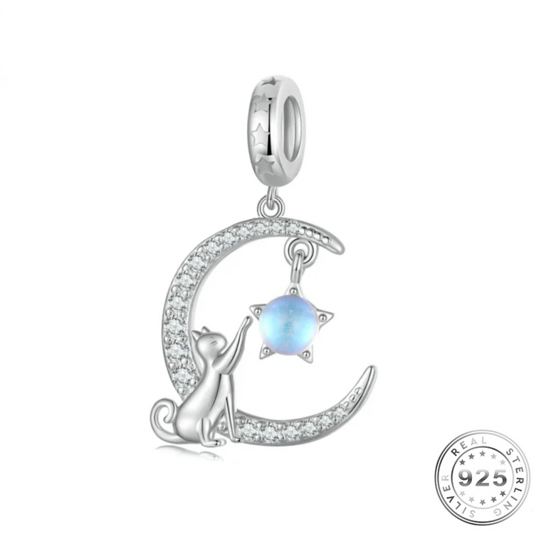 Cat in the Moon Charm 925 Sterling Silver & Moonstone fit Pandora