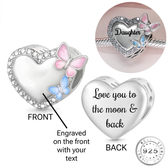 Engraved Butterfly Heart Charm 925 Sterling Silver love to moon Personalised - fits Pandora