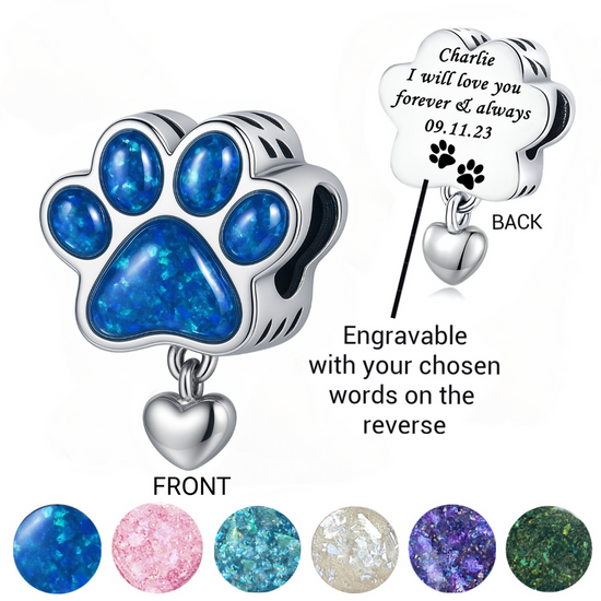 Engraved Ashes & Resin Cat / Dog Paw Charm 925 Sterling Silver fits pandora 