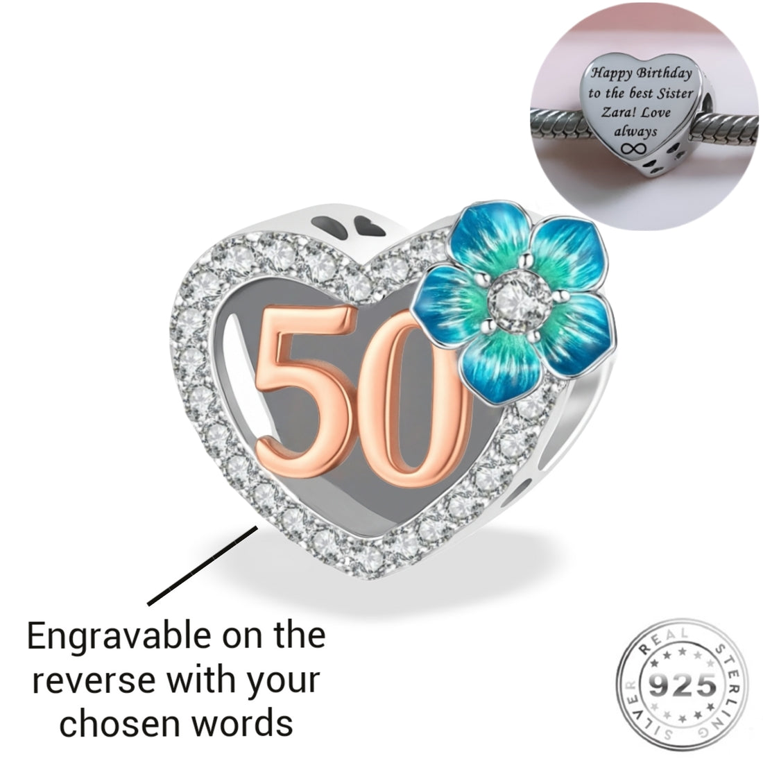 Engraved 50th Birthday Charm 925 Sterling Silver- Personalised fits Pandora - 50 years rose gold