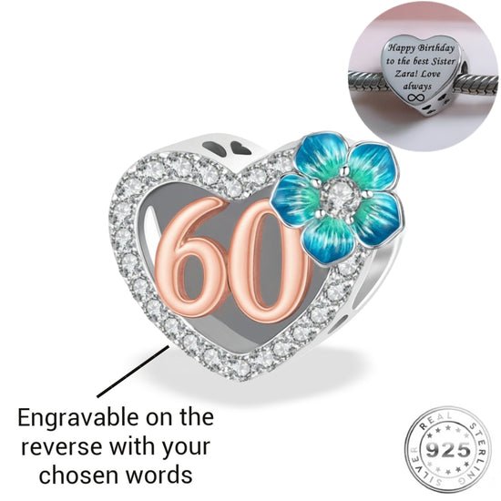 Engraved 60th Birthday Charm 925 Sterling Silver Personalised fits Pandora - 60 years rose gold