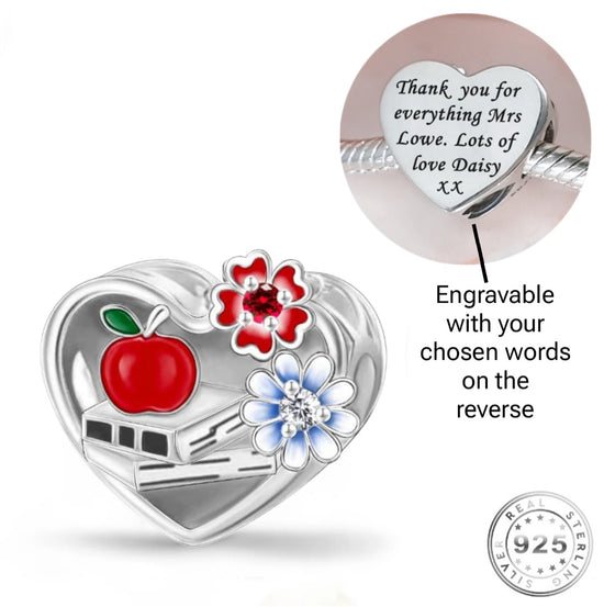 Pandora Fitting Engraved Teacher Charm 925 Sterling Silver- Personalised Gift leaving school / new teacher