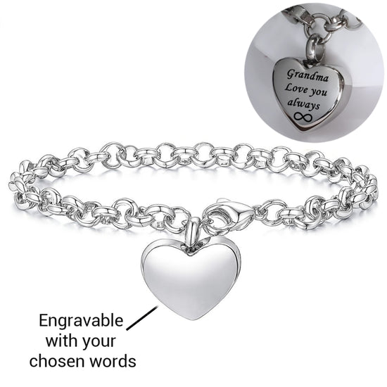 Silver Engraved Cremation Ashes Heart Urn Bracelet - Self Fill