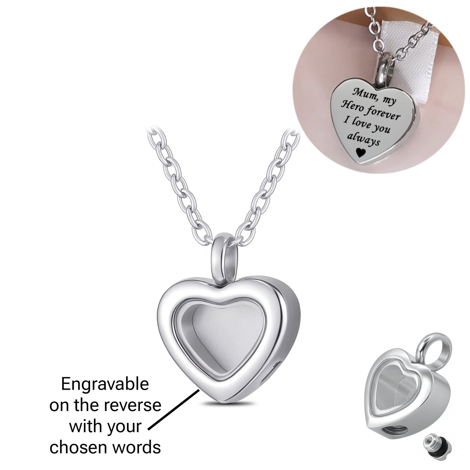 Engraved Silver Ashes or hair Glass Heart Urn Necklace