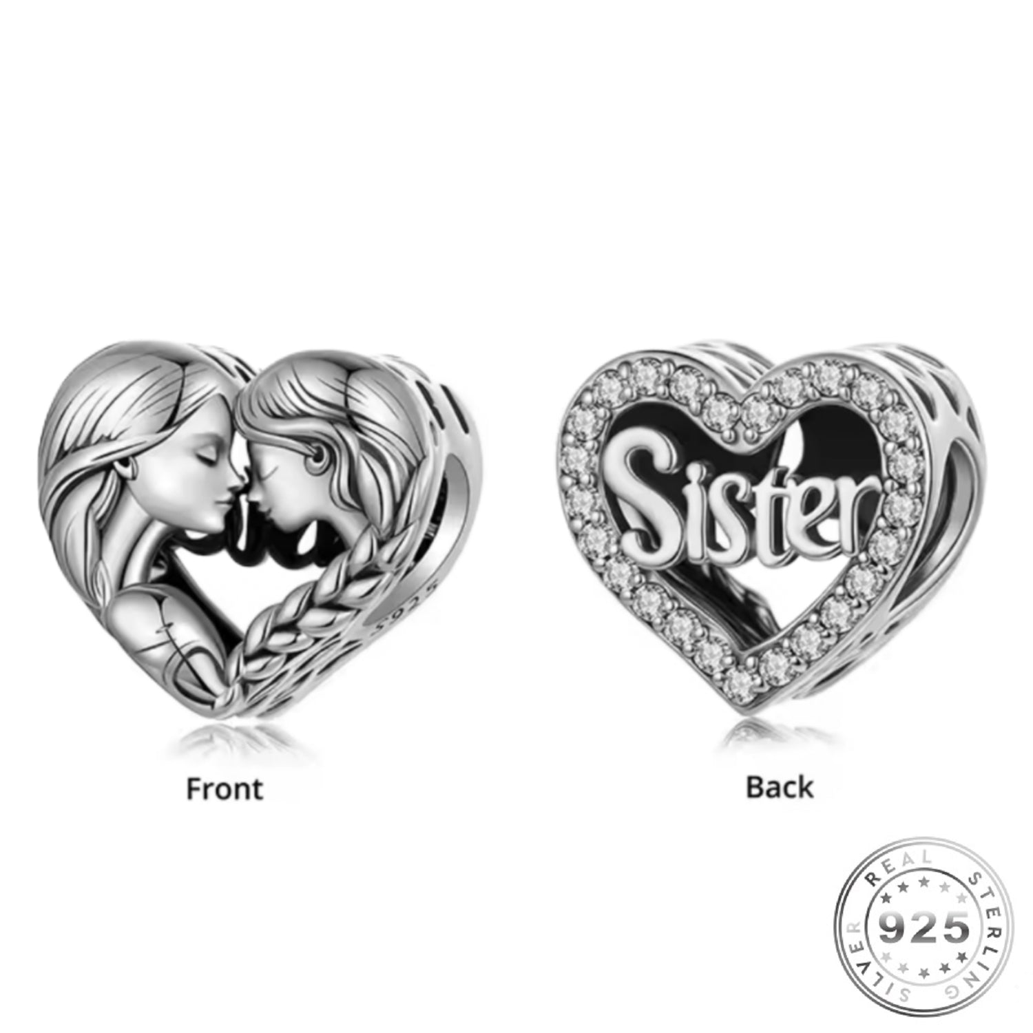 Sister Heart Charm 925 Sterling Silver & Crystal - fits Pandora 