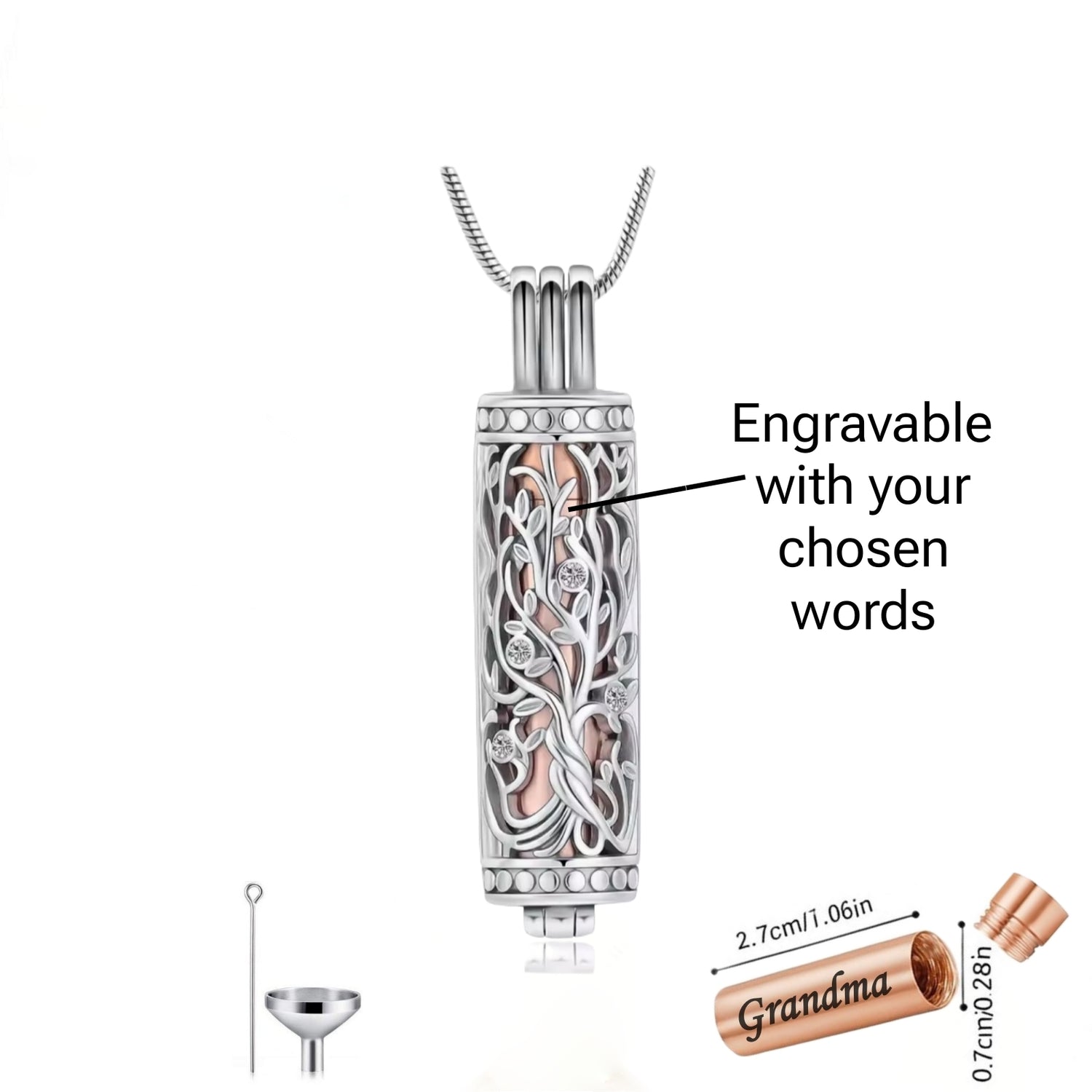 Engraved Silver & Rose Gold Gold Family Tree Cremation Ashes Cylinder Urn Necklace