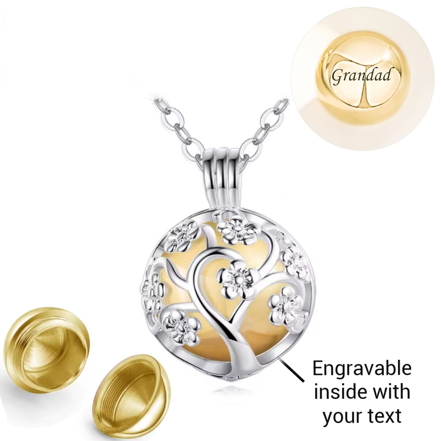 Engraved Silver & Gold Family Tree Cremation Ashes Urn Locket Necklace Self Fill