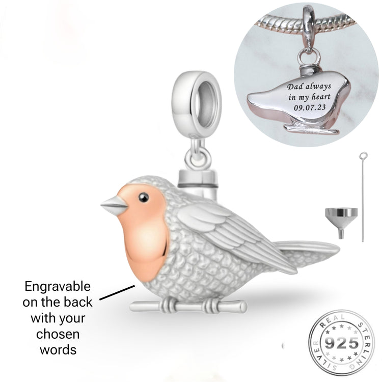 Engraved Robin Self-Fill Ashes Urn Charm 925 Sterling Silver & Rose Gold Personalised fits Pandora