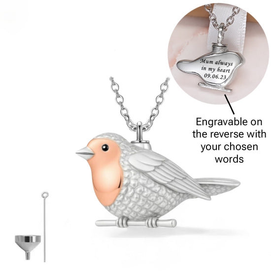 Engraved Robin Ashes Urn Necklace 925 Sterling Silver & Rose Gold - Personalised