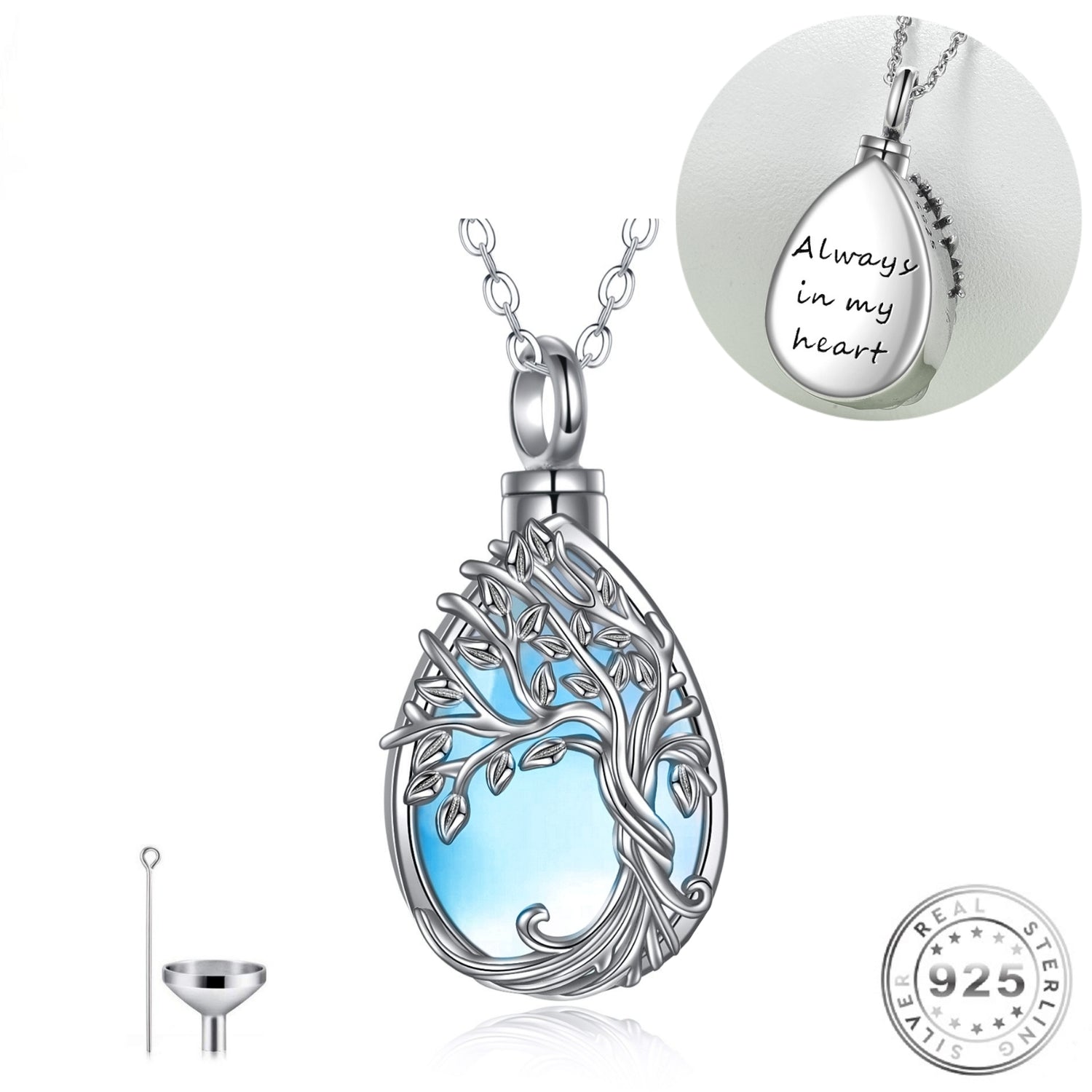 Family Tree Ashes Urn Necklace 925 Sterling Silver and Moonstone