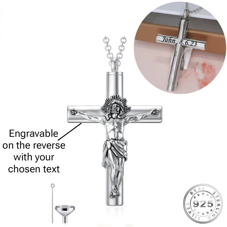 Engraved Jesus Christ Crucifix Urn Necklace 925 Sterling Silver Cross